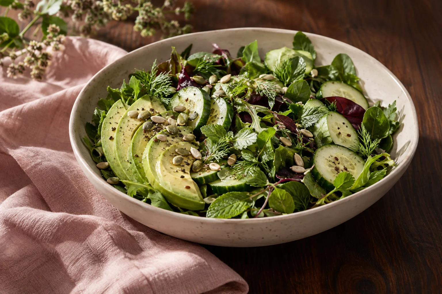 Avocado, cucumber, leafy greens and seeds on a ceramic plate