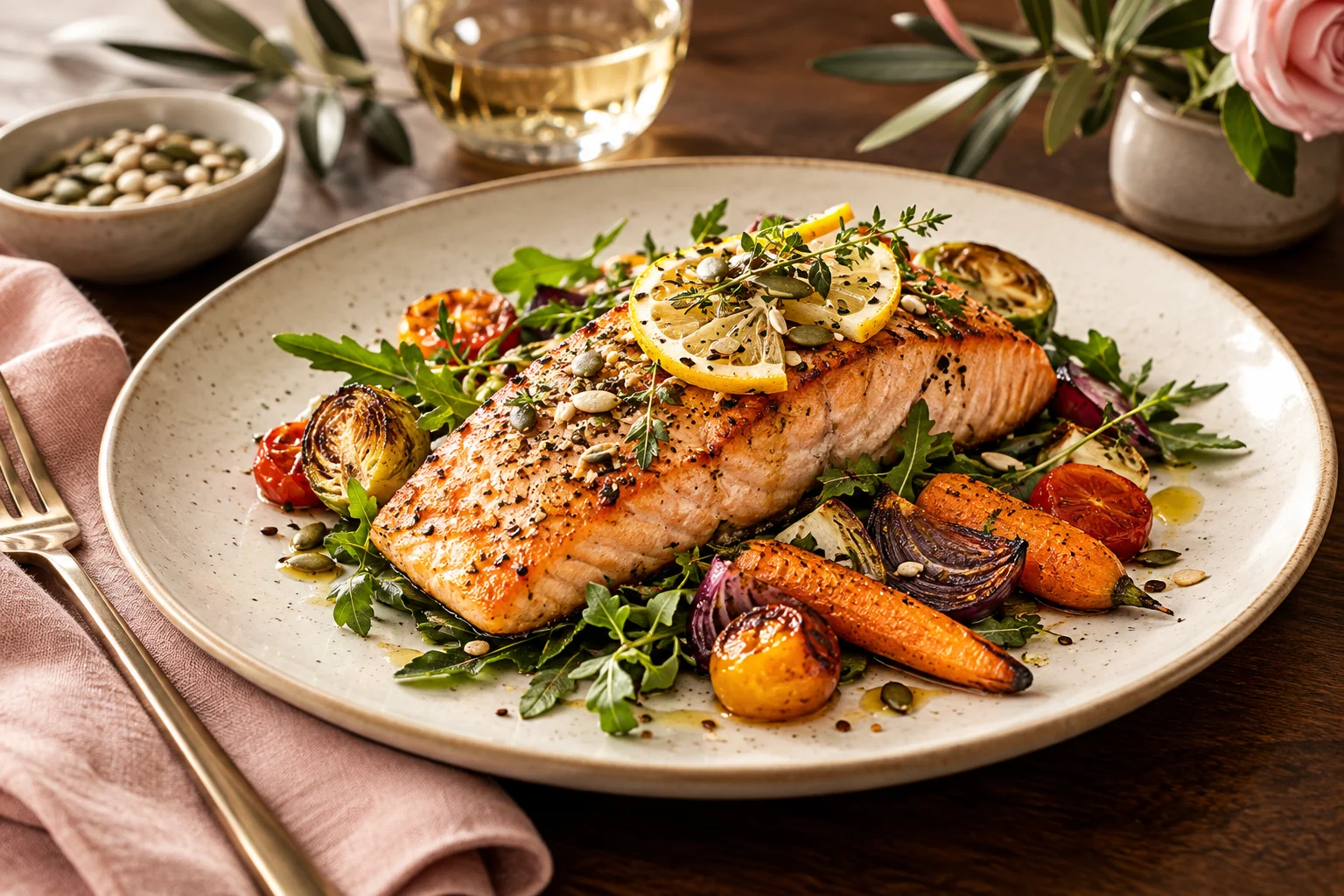 Salmon with lemon on a ceramic plate